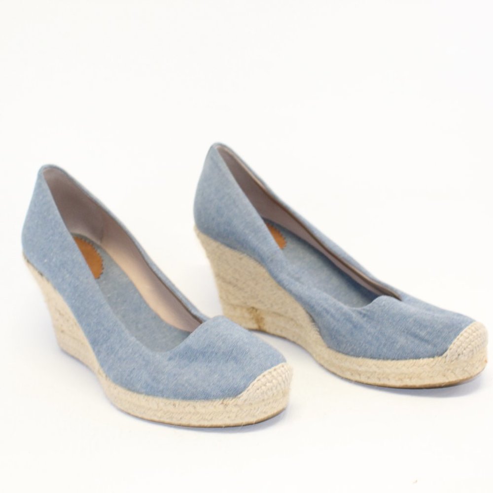 J Crew Factory Blue Canvas Slip On Espadrille High Heel Wedges Shoes #127 - Picture 2 of 10